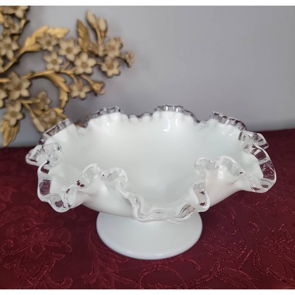 Fenton Other - Vintage Fenton White Silver Crest Ruffle Crimp Glass Candy Bowl Dish Pedestal